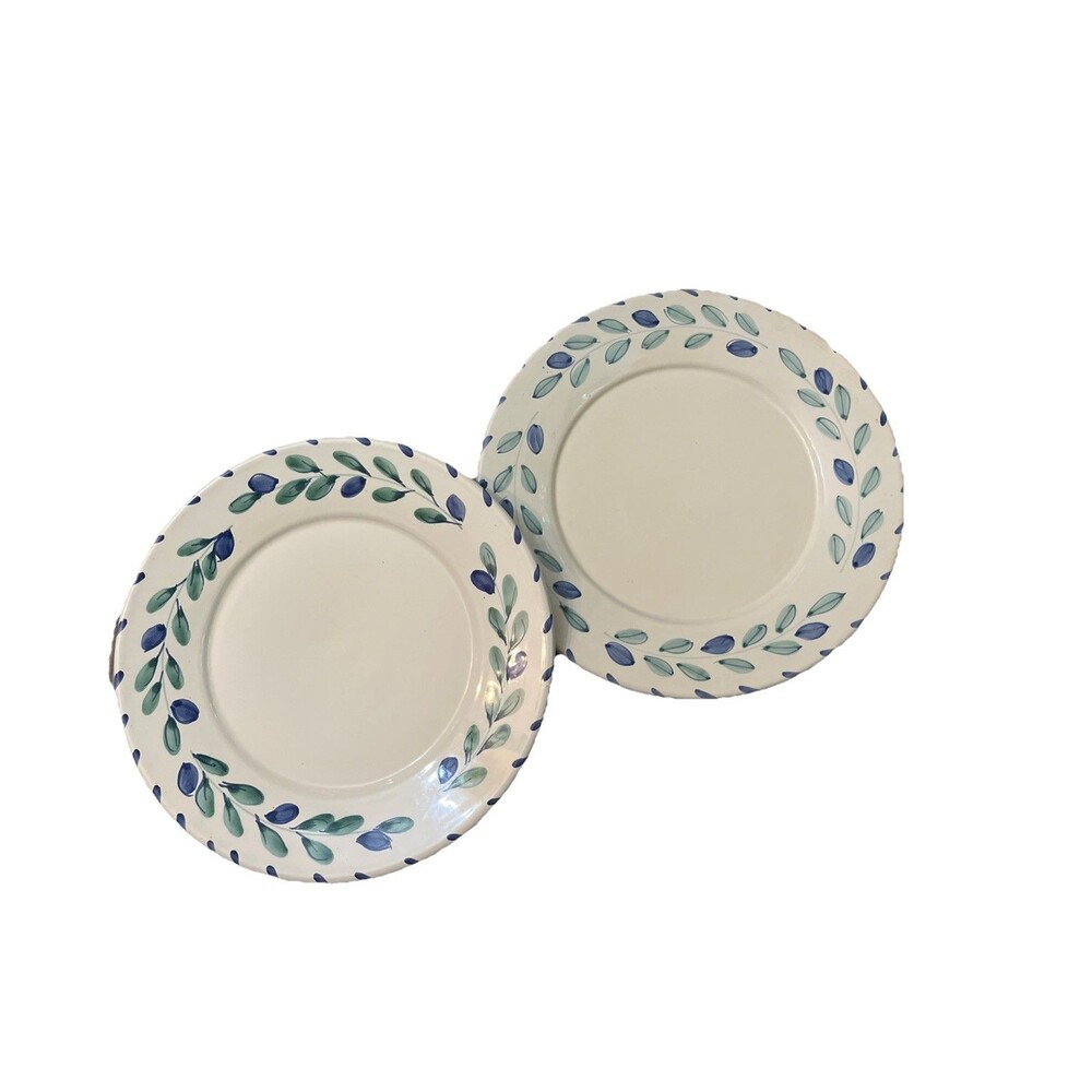 Set Of 2 Pottery Barn Italy Dinner Plates White Blüe Green Leaves Handpainted